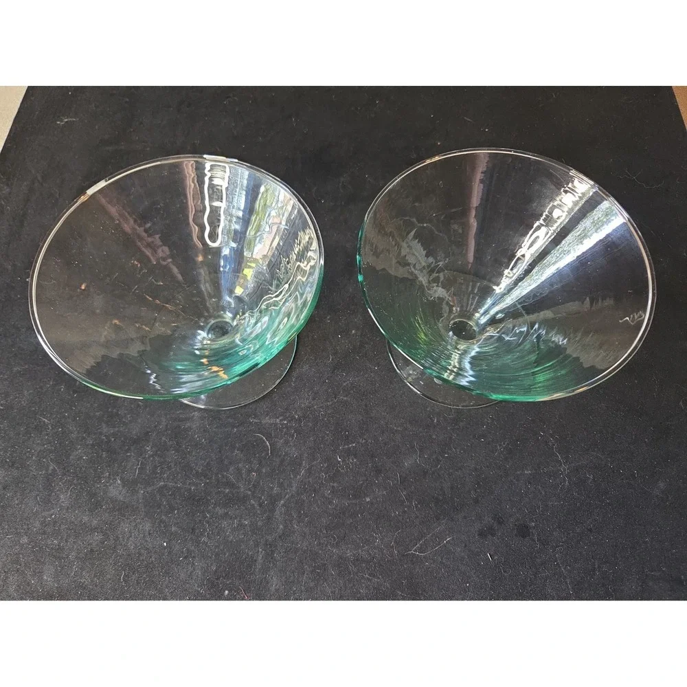 Vintage MCM Light Green Flared Martini Glasses Short Clear Stem Coupe Set of 2